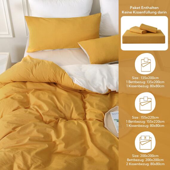 MILDLY Bettwäsche 200x200 Baumwolle, Bettwäsche-Sets Gelb 3 Teilig mit Reißverschluss Ähnliche Textur wie Stone Washed Leinen und Enthält 1 Bettbezug und 2 Kissenbezug 80x80