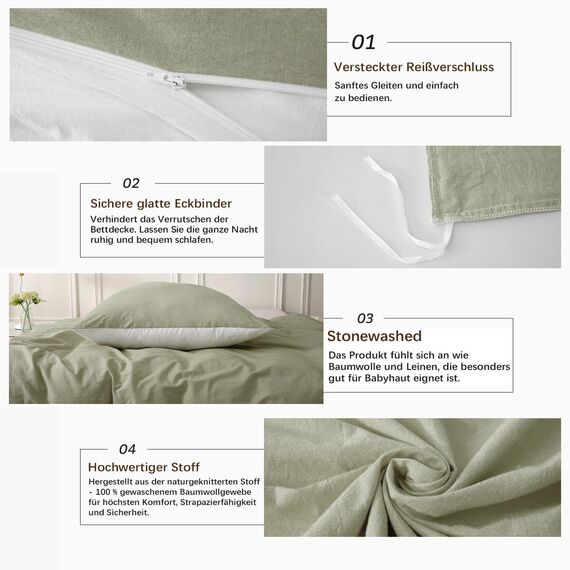 MILDLY Bettwäsche 200x200 Baumwolle, Bettwäsche-Sets Vintagegrün 3 Teilig mit Reißverschluss Ähnliche Textur wie Stone Washed Leinen und Enthält 1 Bettbezug und 2 Kissenbezug 80x80