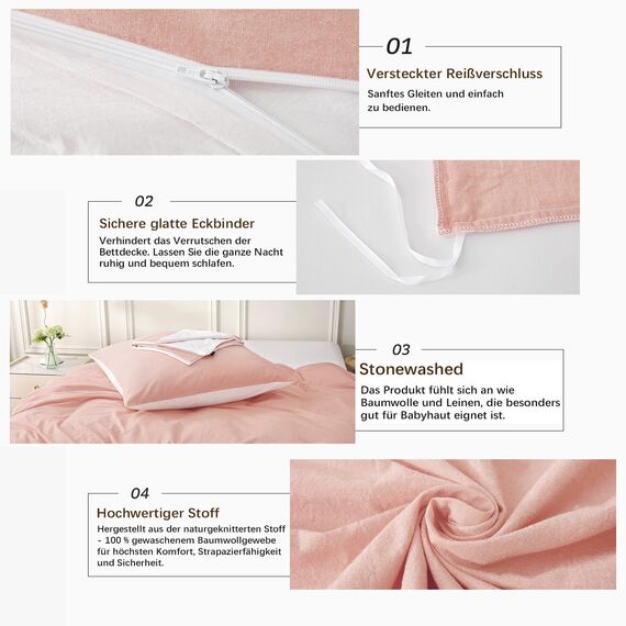 MILDLY Bettwäsche 220x240 Baumwolle, Bettwäsche-Sets Rosa 3 Teilig mit Reißverschluss Ähnliche Textur wie Stone Washed Leinen und Enthält 1 Bettbezug und 2 Kissenbezug 80x80