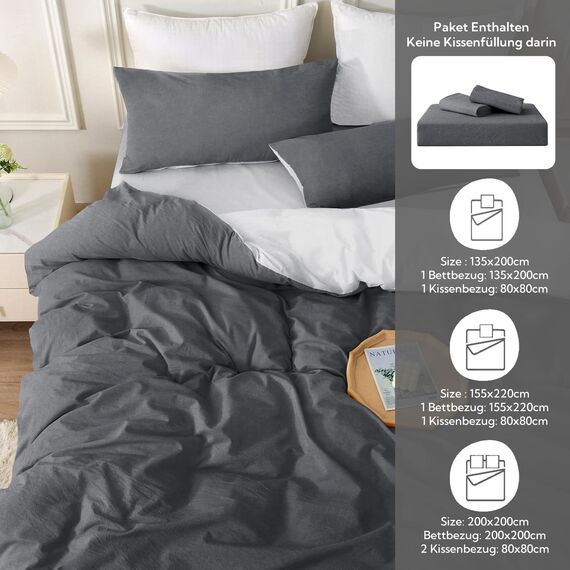 MILDLY Bettwäsche 155x220 Baumwolle, Bettwäsche-Sets Dunkelgrau2 2 Teilig mit Reißverschluss Ähnliche Textur wie Stone Washed Leinen und Enthält 1 Bettbezug und 1 Kissenbezug 80x80