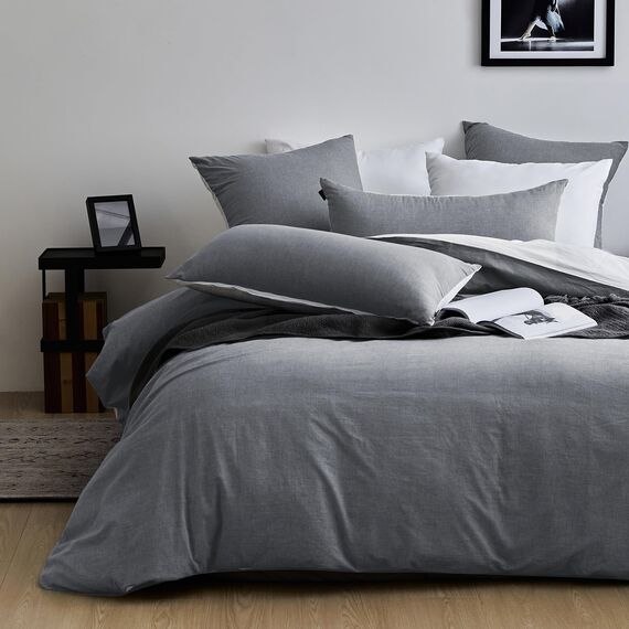 MILDLY Bettwäsche 220x240 Baumwolle, Bettwäsche-Sets Dunkelgrau 3 Teilig mit Reißverschluss Ähnliche Textur wie Stone Washed Leinen und Enthält 1 Bettbezug und 2 Kissenbezug 80x80