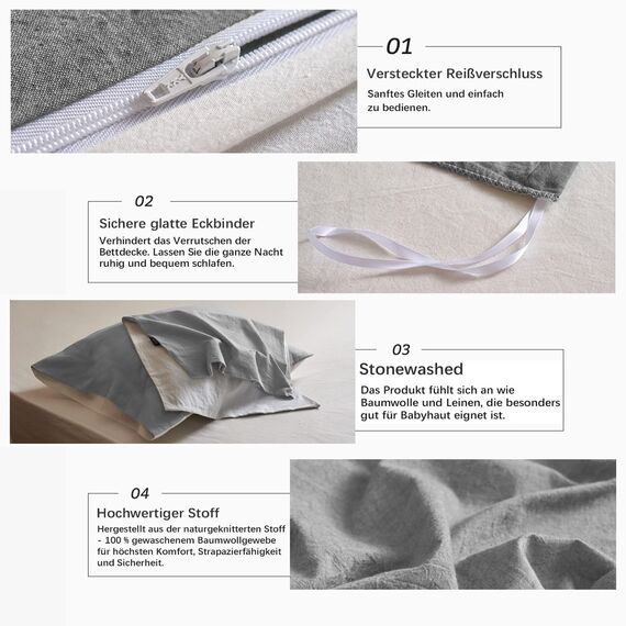 MILDLY Bettwäsche 200x200 Baumwolle, Bettwäsche-Sets Rauchgrau 3 Teilig mit Reißverschluss Ähnliche Textur wie "Stone Washed" Leinen und Enthält 1 Bettbezug und 2 Kissenbezug 80x80