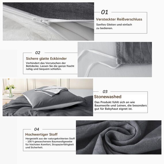 MILDLY Bettwäsche 200x200 Baumwolle, Bettwäsche-Sets Dunkelgrau2 3 Teilig mit Reißverschluss Ähnliche Textur wie Stone Washed Leinen und Enthält 1 Bettbezug und 2 Kissenbezug 80x80