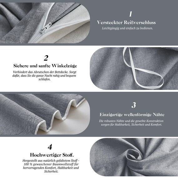 MILDLY Bettwäsche 200x200 Baumwolle, Bettwäsche-Sets Dunkelgrau 3 Teilig mit Reißverschluss Ähnliche Textur wie Stone Washed Leinen und Enthält 1 Bettbezug und 2 Kissenbezug 80x80