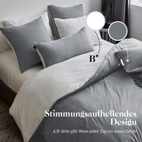 MILDLY Bettwäsche 135x200 Baumwolle, Bettwäsche-Sets Dunkelgrau 4 Teilig mit Reißverschluss Ähnliche Textur wie Stone Washed Leinen und Enthält 2 Bettbezug und 2 Kissenbezug 80x80