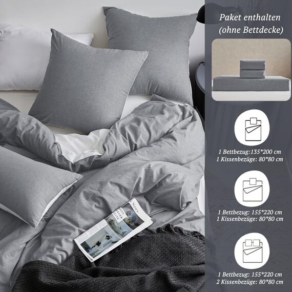 MILDLY Bettwäsche 135x200 Baumwolle, Bettwäsche-Sets Dunkelgrau 4 Teilig mit Reißverschluss Ähnliche Textur wie Stone Washed Leinen und Enthält 2 Bettbezug und 2 Kissenbezug 80x80