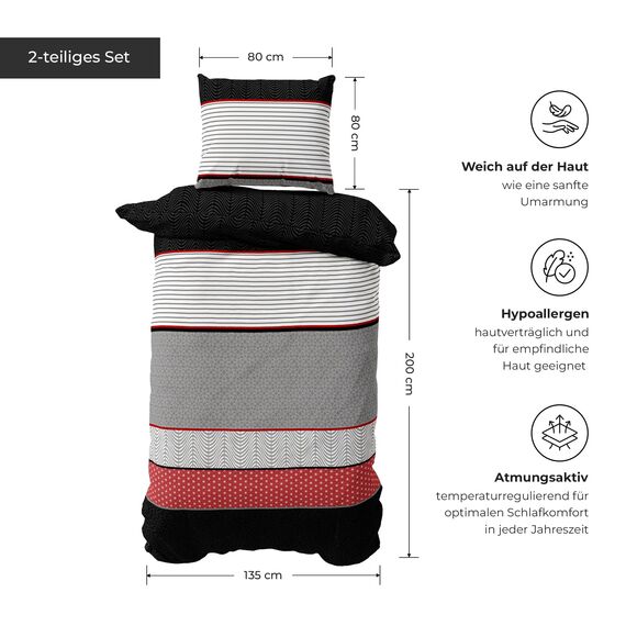 DILIOS Premium Bettwäsche 135x200 – 100% Baumwolle, ÖKO-TEX Zertifiziert, Renforcé, Atmungsaktiv & Antiallergisch, mit Reißverschluss, 2teilig – Bettbezug + Kissenbezug 80x80, Rot Schwarz