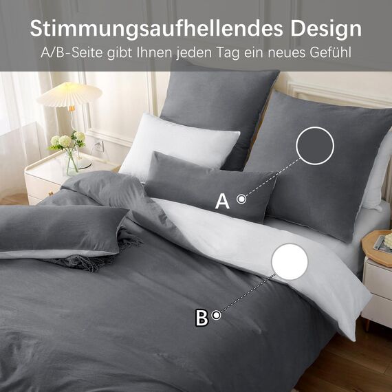 MILDLY Bettwäsche 220x240 Baumwolle, Bettwäsche-Sets Dunkelgrau2 3 Teilig mit Reißverschluss Ähnliche Textur wie Stone Washed Leinen und Enthält 1 Bettbezug und 2 Kissenbezug 80x80