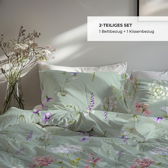 DILIOS Premium Bettwäsche 135x200 – 100% Baumwolle, ÖKO-TEX Zertifiziert, Renforcé, Atmungsaktiv & Antiallergisch, mit Reißverschluss, 2teilig – Bettbezug + Kissenbezug 80x80, Grün, Floral