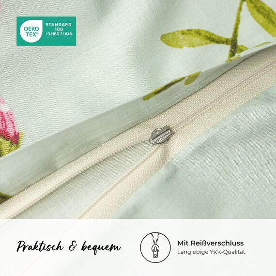 DILIOS Premium Bettwäsche 135x200 – 100% Baumwolle, ÖKO-TEX Zertifiziert, Renforcé, Atmungsaktiv & Antiallergisch, mit Reißverschluss, 2teilig – Bettbezug + Kissenbezug 80x80, Grün, Floral