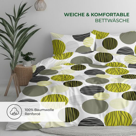 DILIOS Premium Bettwäsche 200x200 – 100% Baumwolle, ÖKO-TEX-Zertifiziert, Renforcé, Аtmungsaktiv & Аntiallergisch, mit Reißverschluss, 3-teilig – Bettbezug + 2 Kissenbezüge 80x80, Grün, Weiß