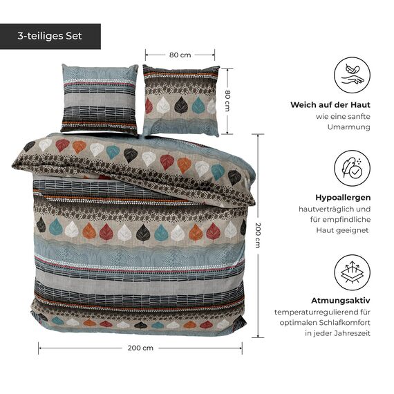 DILIOS Premium Bettwäsche 200x200 – 100% Baumwolle, ÖKO-TEX-Zertifiziert, Renforcé, Аtmungsaktiv & Аntiallergisch, mit Reißverschluss, 3-teilig – Bettbezug + 2 Kissenbezüge 80x80, Braun, Blau, Beige