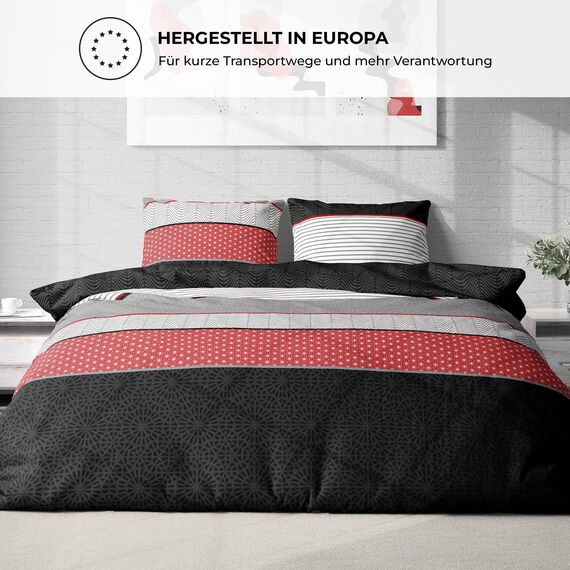 DILIOS Premium Bettwäsche 135x200 – 100% Baumwolle, ÖKO-TEX Zertifiziert, Renforcé, Atmungsaktiv & Antiallergisch, mit Reißverschluss, 2teilig – Bettbezug + Kissenbezug 80x80, Rot Schwarz