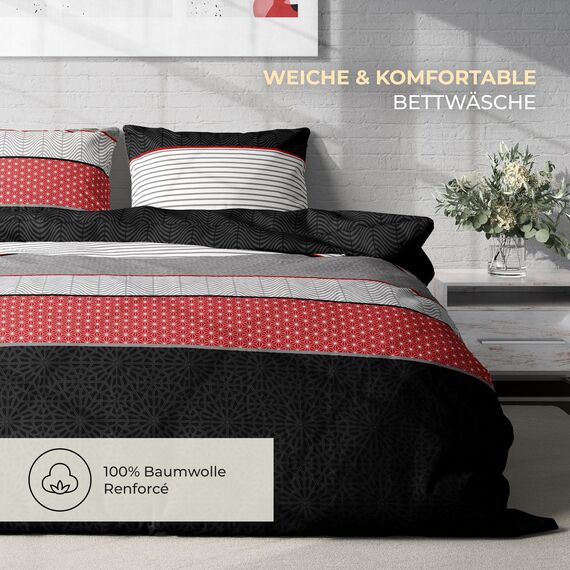 DILIOS Premium Bettwäsche 135x200 – 100% Baumwolle, ÖKO-TEX Zertifiziert, Renforcé, Atmungsaktiv & Antiallergisch, mit Reißverschluss, 2teilig – Bettbezug + Kissenbezug 80x80, Rot Schwarz