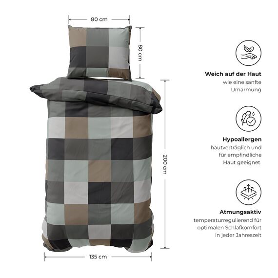 DILIOS Premium Bettwäsche 135x200 – 100% Baumwolle, ÖKO-TEX Zertifiziert, Renforcé, Atmungsaktiv & Antiallergisch, mit Reißverschluss, 2teilig – Bettbezug + Kissenbezug 80x80, Grau Blau