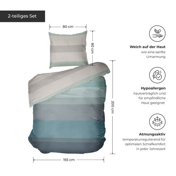 DILIOS Premium Bettwäsche 155x200 – 100% Baumwolle, ÖKO-TEX Zertifiziert, Renforcé, Atmungsaktiv & Antiallergisch, mit Reißverschluss, 2teilig – Bettbezug + Kissenbezug 80x80, Türkisblau Blau
