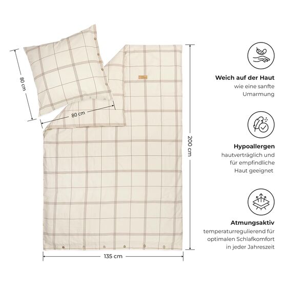 DILIOS Natur Bettwäsche 135x200 – 100% Baumwolle, Oeko-TEX, Atmungsaktiv & Antiallergisch, Ungebleicht & Naturweiß Karos, Mit Kokosknöpfen, 2teilig - Bettbezug + Kissenbezug, 100% Rohbaumwolle