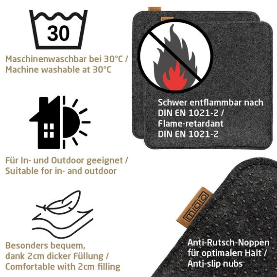 Miqio Design Sitzkissen Rechteckig aus Filz mit Antirutschnoppen | Nachhaltig aus recycelten PET Flaschen | 40x40 cm | 6er-Set | Waschbare Stuhlkissen rutschfest | Sitzauflage für Bank und Stuhl