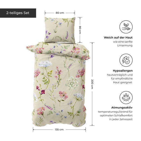DILIOS Premium Bettwäsche 135x200 – 100% Baumwolle, ÖKO-TEX Zertifiziert, Renforcé, Atmungsaktiv & Antiallergisch, mit Reißverschluss, 2teilig – Bettbezug + Kissenbezug 80x80, Blumen, Beige