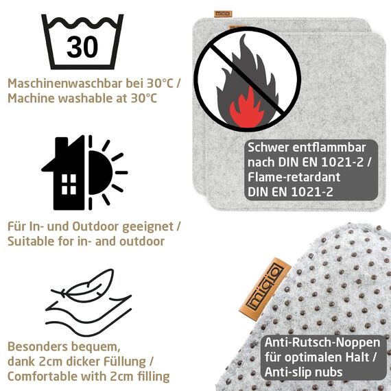 Miqio Design Sitzkissen Rechteckig aus Filz mit Antirutschnoppen | Nachhaltig aus recycelten PET Flaschen | 40x40 cm | 2er-Set | Waschbare Stuhlkissen rutschfest | Sitzauflage für Bank und Stuhl