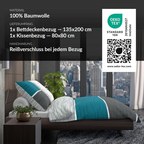 LARAWELL Bettwäsche 135x200 Baumwolle Ganzjahres Bettwäsche-Sets blau grau gestreift Premium