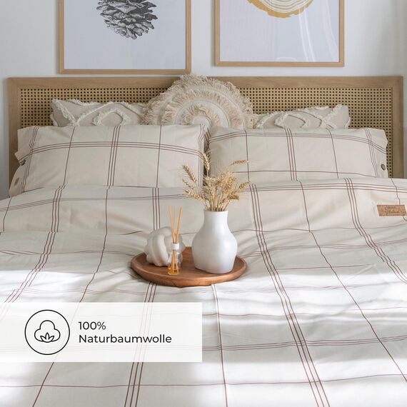 DILIOS Natur Bettwäsche 135x200 – 100% Baumwolle, Oeko-TEX, Atmungsaktiv & Antiallergisch, Ungebleicht & Naturweiß Karos, Mit Kokosknöpfen, 2teilig - Bettbezug + Kissenbezug, 100% Rohbaumwolle