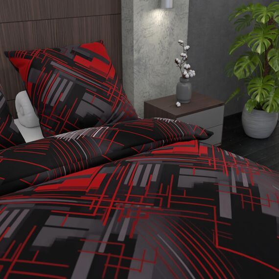 LARAWELL Bettwäsche 135x200 Baumwolle ganzjahres Bettwäsche-Sets rot grau abstrakt geometrisch Premium