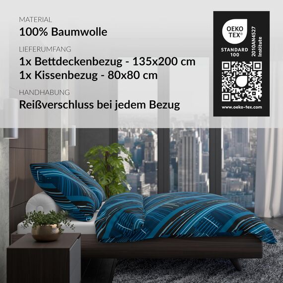 LARAWELL Bettwäsche 135x200 Baumwolle ganzjahres Bettwäsche-Sets blau abstrakt geometrisch Premium
