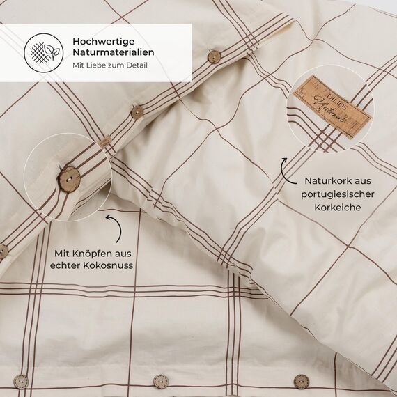 DILIOS Natur Bettwäsche 135x200 – 100% Baumwolle, Oeko-TEX, Atmungsaktiv & Antiallergisch, Ungebleicht & Naturweiß Karos, Mit Kokosknöpfen, 2teilig - Bettbezug + Kissenbezug, 100% Rohbaumwolle