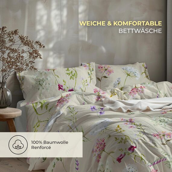 DILIOS Premium Bettwäsche 135x200 – 100% Baumwolle, ÖKO-TEX Zertifiziert, Renforcé, Atmungsaktiv & Antiallergisch, mit Reißverschluss, 2teilig – Bettbezug + Kissenbezug 80x80, Blumen, Beige