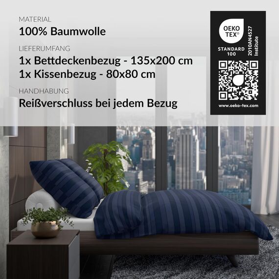 LARAWELL Bettwäsche 135x200 Baumwolle ganzjahres Bettwäsche-Sets blau gestreift Premium