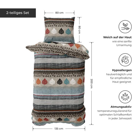 DILIOS Premium Bettwäsche 135x200 – 100% Baumwolle, ÖKO-TEX Zertifiziert, Renforcé, Atmungsaktiv & Antiallergisch, mit Reißverschluss, 2teilig – Bettbezug + Kissenbezug 80x80, Beige, Grau, Hellblau