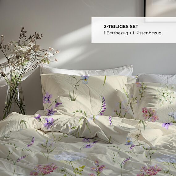 DILIOS Premium Bettwäsche 135x200 – 100% Baumwolle, ÖKO-TEX Zertifiziert, Renforcé, Atmungsaktiv & Antiallergisch, mit Reißverschluss, 2teilig – Bettbezug + Kissenbezug 80x80, Blumen, Beige