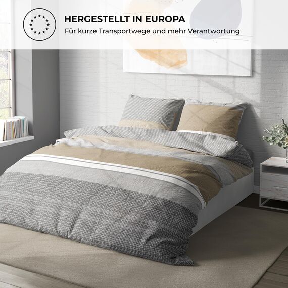 DILIOS Premium Bettwäsche 200x200 – 100% Baumwolle, ÖKO-TEX Zertifiziert, Renforcé, Atmungsaktiv & Antiallergisch, mit Reißverschluss, 3teilig – Bettbezug + 2X Kissenbezug 80x80, Grau, Braun, Beige