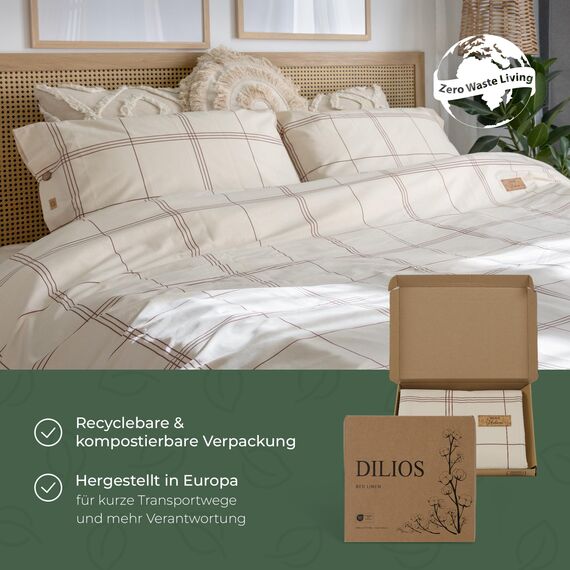 DILIOS Natur Bettwäsche 135x200 – 100% Baumwolle, Oeko-TEX, Atmungsaktiv & Antiallergisch, Ungebleicht & Naturweiß Karos, Mit Kokosknöpfen, 2teilig - Bettbezug + Kissenbezug, 100% Rohbaumwolle