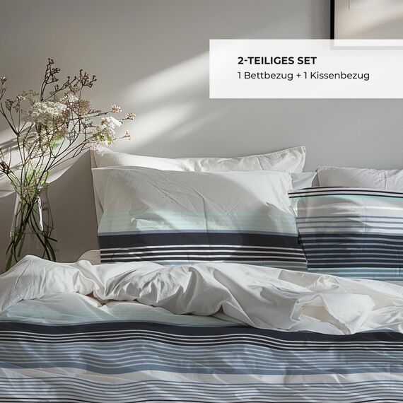 DILIOS Premium Bettwäsche 135x200 – 100% Baumwolle, ÖKO-TEX Zertifiziert, Renforcé, Atmungsaktiv & Antiallergisch, mit Reißverschluss, 2teilig – Bettbezug + Kissenbezug 80x80, Türkisblau, Grau