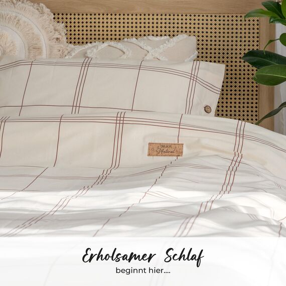 DILIOS Natur Bettwäsche 135x200 – 100% Baumwolle, Oeko-TEX, Atmungsaktiv & Antiallergisch, Ungebleicht & Naturweiß Karos, Mit Kokosknöpfen, 2teilig - Bettbezug + Kissenbezug, 100% Rohbaumwolle