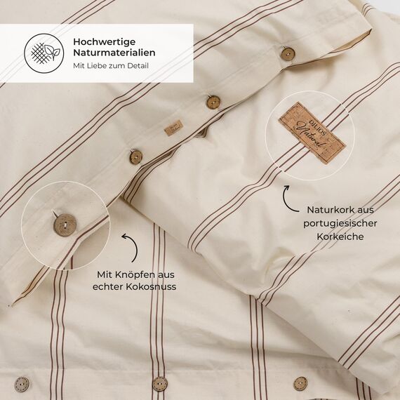 DILIOS Natur Bettwäsche 135x200 – 100% Baumwolle, Oeko-TEX, Atmungsaktiv & Antiallergisch, Ungebleicht & Naturweiß Streifen, Mit Kokosknöpfen, 2teilig - Bettbezug + Kissenbezug, 100% Rohbaumwolle