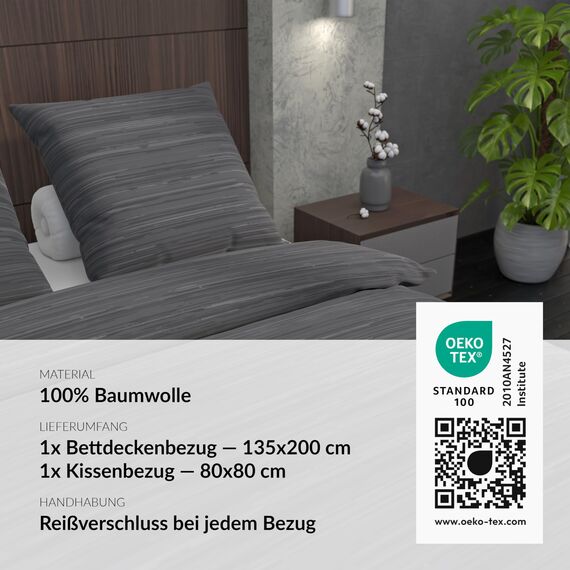 LARAWELL Bettwäsche 135x200 Baumwolle Ganzjahres Bettwäsche-Sets grau getreift Premium
