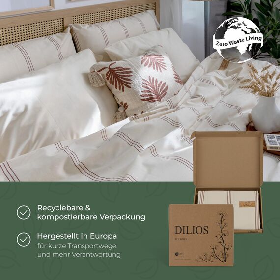 DILIOS Natur Bettwäsche 135x200 – 100% Baumwolle, Oeko-TEX, Atmungsaktiv & Antiallergisch, Ungebleicht & Naturweiß Streifen, Mit Kokosknöpfen, 2teilig - Bettbezug + Kissenbezug, 100% Rohbaumwolle
