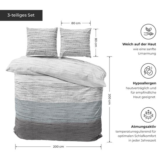 DILIOS Premium Bettwäsche 200x200 – 100% Baumwolle, ÖKO-TEX-Zertifiziert, Renforcé, Аtmungsaktiv & Аntiallergisch, mit Reißverschluss, 3-teilig – Bettbezug + 2 Kissenbezüge 80x80, Weiß, Grau