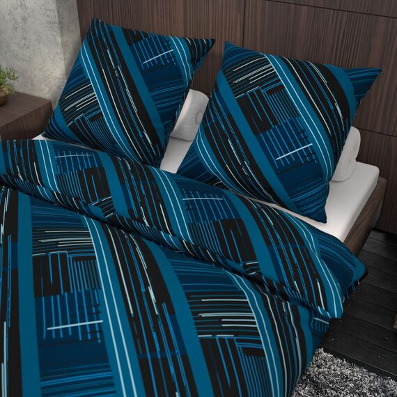 LARAWELL Bettwäsche 135x200 Baumwolle ganzjahres Bettwäsche-Sets blau abstrakt geometrisch Premium