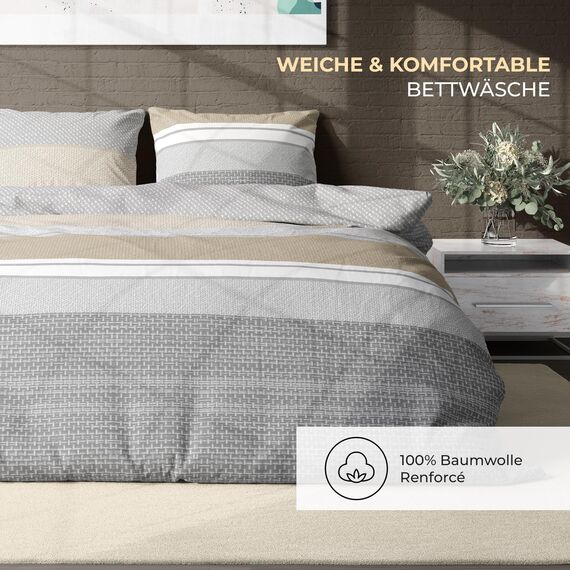 DILIOS Premium Bettwäsche 200x200 – 100% Baumwolle, ÖKO-TEX Zertifiziert, Renforcé, Atmungsaktiv & Antiallergisch, mit Reißverschluss, 3teilig – Bettbezug + 2X Kissenbezug 80x80, Grau, Braun, Beige