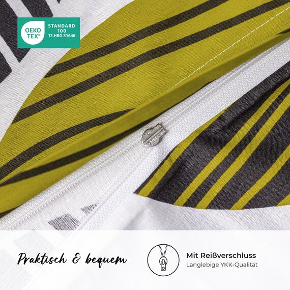 DILIOS Premium Bettwäsche 135x200 – 100% Baumwolle, ÖKO-TEX Zertifiziert, Renforcé, Atmungsaktiv & Antiallergisch, mit Reißverschluss, 2teilig – Bettbezug + Kissenbezug 80x80, Grün Schwarz Weiß