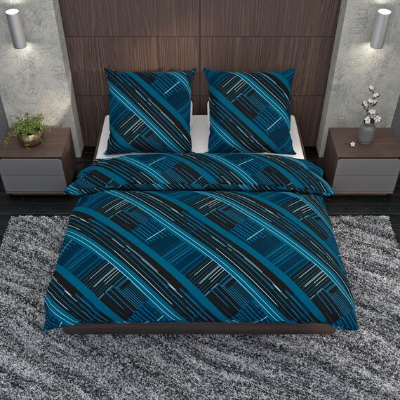 LARAWELL Bettwäsche 135x200 Baumwolle ganzjahres Bettwäsche-Sets blau abstrakt geometrisch Premium