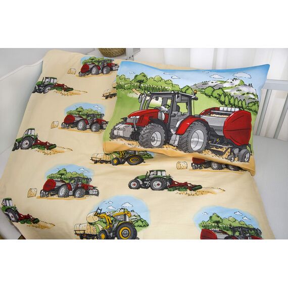 Herding Traktor Bettwäsche-Set, MADE IN GREEN by OEKO TEX, Kopfkissenbezug ca. 40 x 60 cm, Bettbezug ca. 100 x 135 cm, mit leichtläufigem Markenreißverschluss, 100% Baumwolle/Renforcé