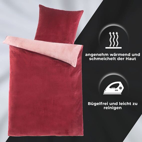 DreamHome Winter Wende Plüsch Bettwäsche 135x200 Nicky-Teddy Cashmere Touch Coral Fleece Bettdezug + Kissenbezug 80x80, Farbe:Weinrot-Altrosa