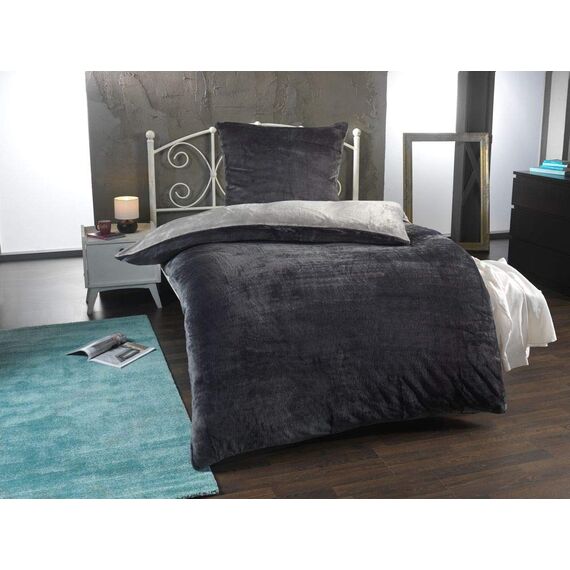 DreamHome Winter Wende Plüsch Bettwäsche 135x200 Nicky-Teddy Cashmere Touch Coral Fleece Bettdezug + Kissenbezug 80x80, Farbe:Silber-ANTHRAZIT