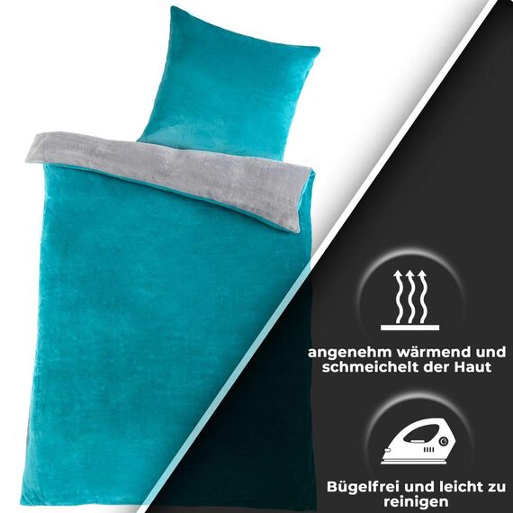 DreamHome Winter Wende Plüsch Bettwäsche 135x200 Nicky-Teddy Cashmere Touch Coral Fleece Bettdezug + Kissenbezug 80x80, Farbe:GRAU-Petrol
