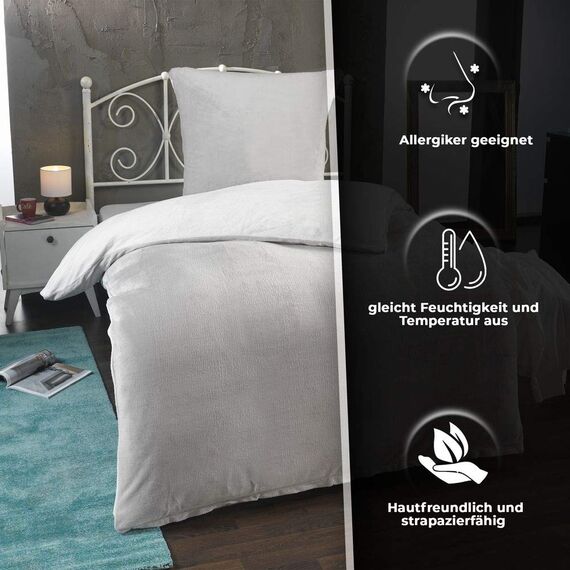 DreamHome Winter Wende Plüsch Bettwäsche 135x200 Nicky-Teddy Cashmere Touch Coral Fleece Bettdezug + Kissenbezug 80x80, Farbe:Silber-Weiss